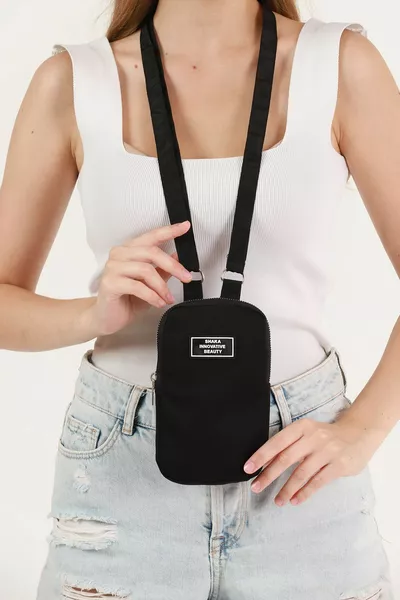 أسود  واحد سستة مقصورة قابل للتعديل حزام قماش قماش للجنسين حامل الهاتف محفظة حقيبة U: 