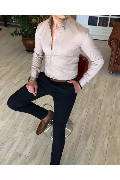 Италиански стил Slim Fit Изправена яка Сатенена Мъжка Риза Бежова 