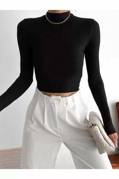 Zwarte corduroy halve coltrui hemdje crop blouse voor dames