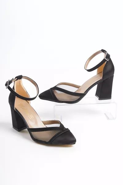 Zwarte Satijnen Vegan Mesh Dikke Hakken