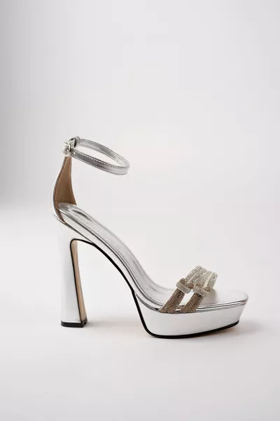 معدن الفضة الحجر التحيز مفصلة عالية منصة الكعب أنيقة مساء اللباس الأحذية