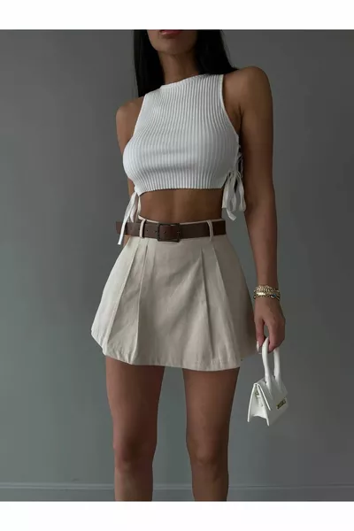 المرأة كريم مطوي حزام تنورة صغيرة السراويل