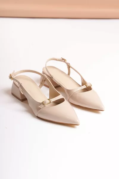 روزا وأشار اصبع القدم حزام مفصلة مربع كعب البيج براءات الاختراع الجلود ماري جين أحذية