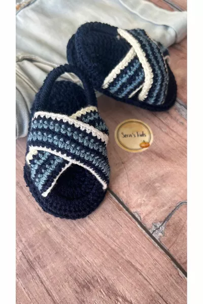 Fatto a mano in maglia blu navy croce cinghia elasticizzato bambino ragazzo sandali stivaletti