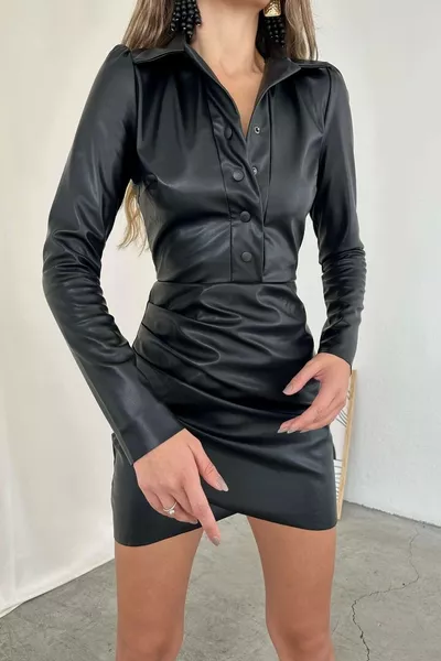 المرأة تنورة سوداء مزدوجة الصدر جلد اللباس 