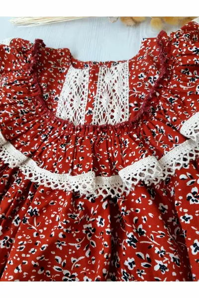 Горчица Флорална дантелена детайлна рокля