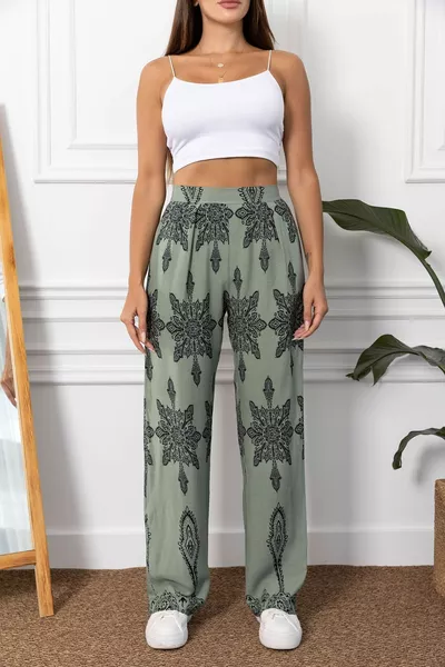 بنطلون بالازو بساقين واسعتين بنقشة خضراء للسيدات -