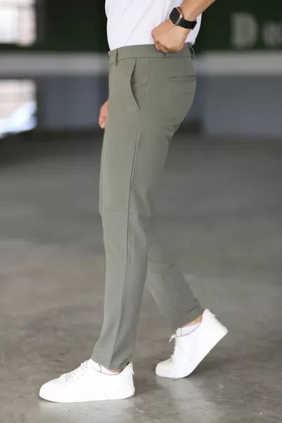 Мъжки маслиненозелен цвят Италианска кройка Качествен еластичен плат от ликра Панталони с дължина до глезена