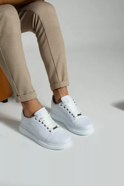  أبيض اللون الأبيض وحيد الدانتيل متابعة أحذية رياضية رجالية عارضة