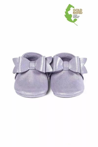 Genuine Leather Glitter Lilac Ribbon Detailed Baby Booties