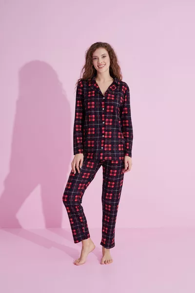 الأزرق الداكن منقوشة نمط عيد الميلاد أزرار بيجاما من جلد الغزال مجموعة