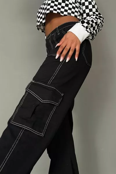 Wide Leg White Stitched Black Cargo Pocket Palazzo Jeans