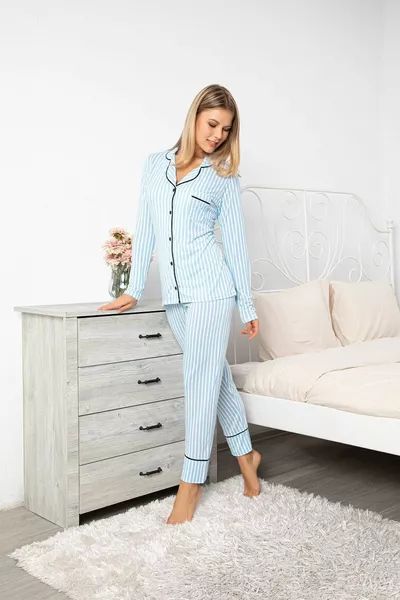 أزرق اللون القطن ليكرا خط مزرور منقوشة بيلت بيجامة مجموعة 