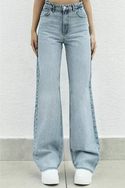 Oslo Lichtblauwe Snow Wash Power Lycra Super Hoge Taille Shabby Leg Jeans Palazzo (Wijde Pijpen)