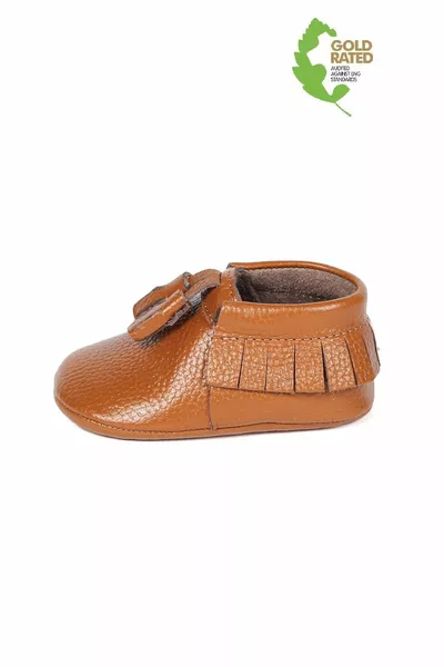 Genuine Leather Tan Pompom Detailed Baby Booties