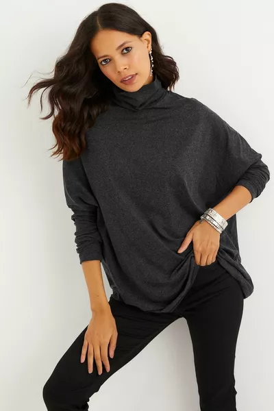 Anthrazitfarbene Fischerbluse mit Fledermausärmeln für Damen 