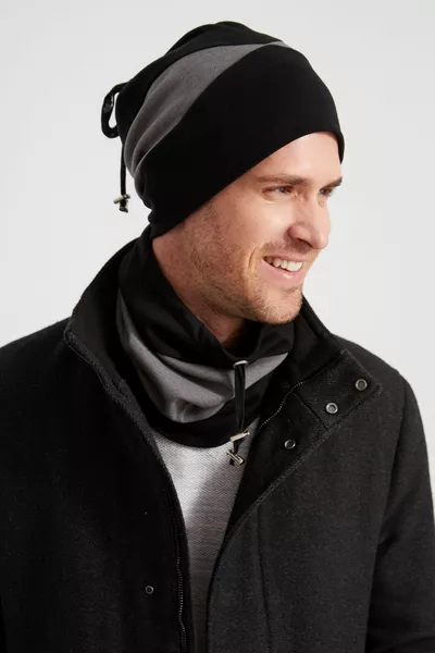 Men's Young New Season Black Gray Pieced Drawstring Hat Beanie Neck Brace Set -Sports, Comfortable, Cotton Thermal