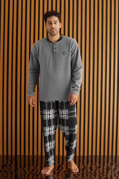 رمادي أبيض منقوشة منقوشة الصوف الرجال بيجامة مجموعة