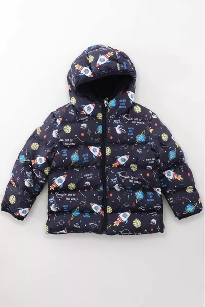 Внутренний флисовый пуховик для мальчиков с капюшоном и ракетным рисунком с цифровым принтом зимний пуховик и пальто 