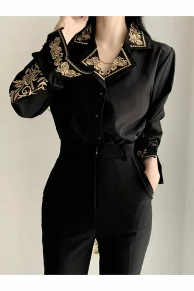 Schwarzes besticktes Damenhemd