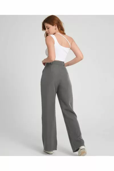 Palazzo Hose aus anthrazitfarbenem plissiertem Stoff mit hoher Taille für Damen