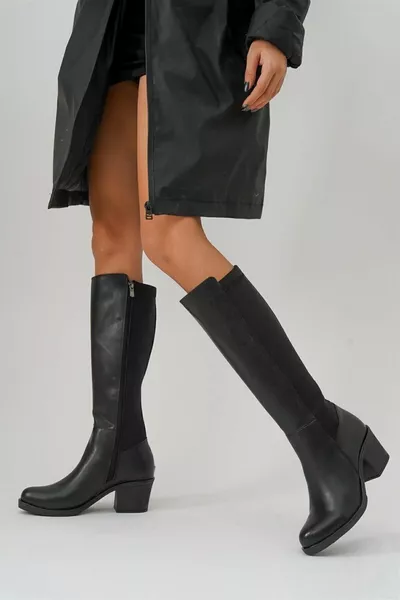 Dames Leather Look Rits Zwarte Lange Laarzen