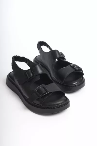Damen Sandalen aus schwarzem Leder mit Komfort und Knöchelriemen und doppelter Schnalle