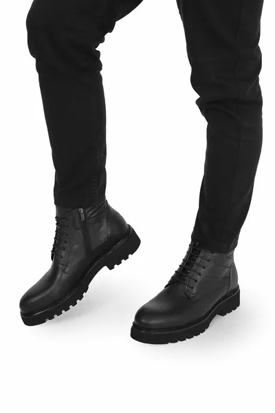 Black Leather Lace-Up Boots 