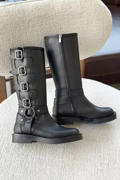 Bottes Pucet Flat Sole Buckle Femme - noir-cuir