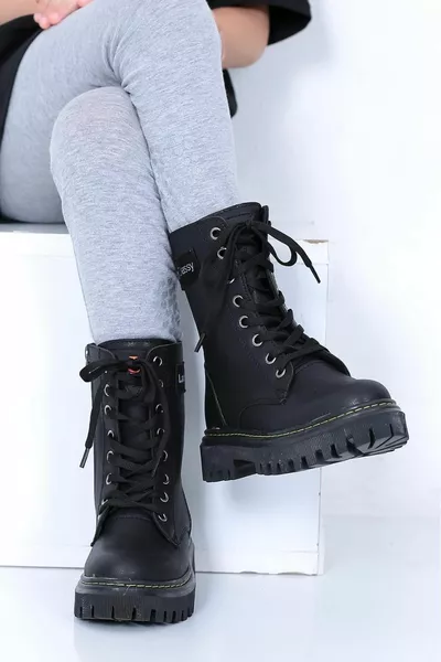 Zwarte parachute gedetailleerde veterlaarzen met ritssluiting voor meisjes