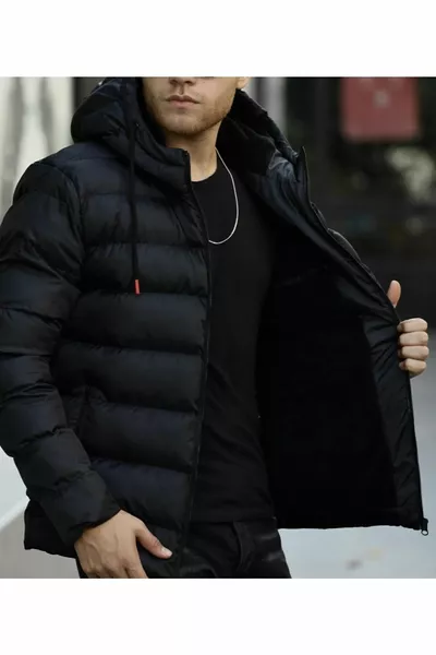 Schwarzer dick gefütterterter, winddichter Winter-Sportmantel mit Kapuze für Herren