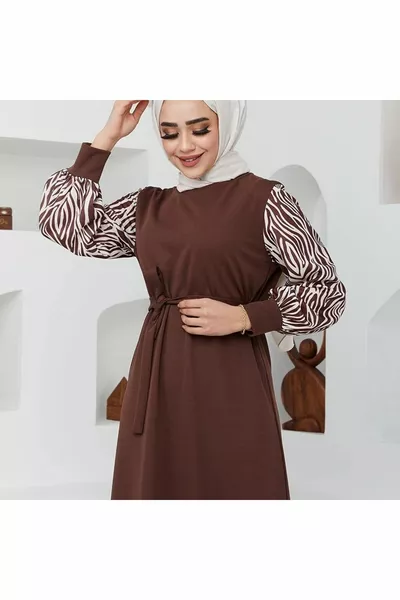 Zebra Print Lange Lengte Hijab Jurk - Bruin