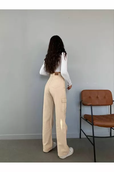 Beige Cargo Pocket Palazzo High Waist Jeans Queen