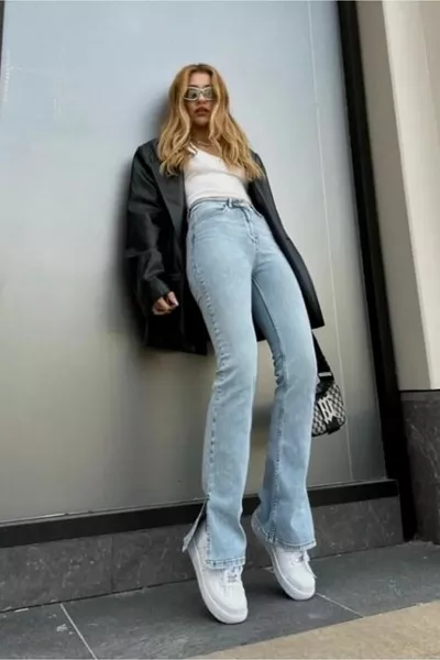 Luxus Power Lycra Damen Ice Snow Jeans mit hoher Taille und Seitenschlitz Jeans