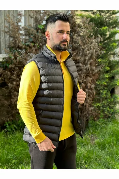 Мъжка черна жилетка с цип джоб с яка без ръкави