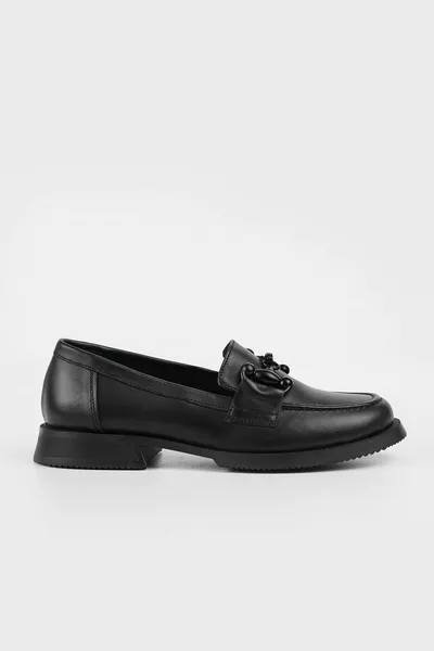 Women's Black Genuine Natural Leather Buckle Loafer Shoes
