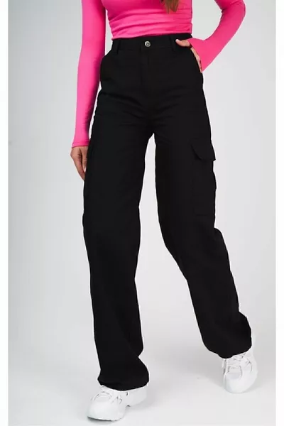 Schwarz Colorfast Cargo Pocket Palazzo Jeans mit hoher Taille Queen