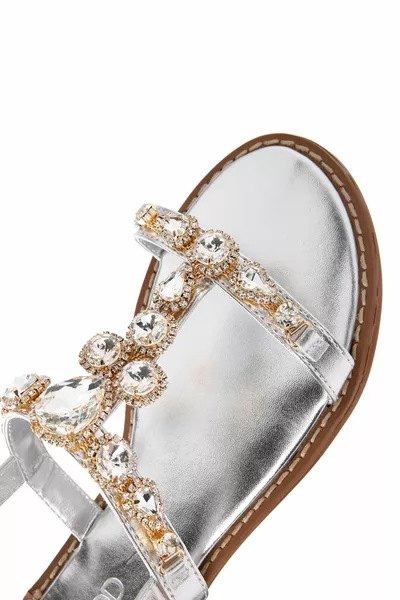 Women's Silver Ankle Strap Stone Sandals 