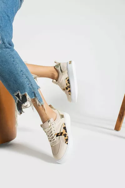 Karoline Damen Sneaker Schnürschuhe Beige/Leopard Leder