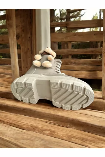 Teddy Bear Cold Proof Non Slip Sole Girls Boots, Zipper Girls Cream Boots, Beige Kids Boots