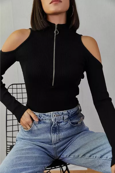 Geribbelde stretchblouse met rits op de schouder