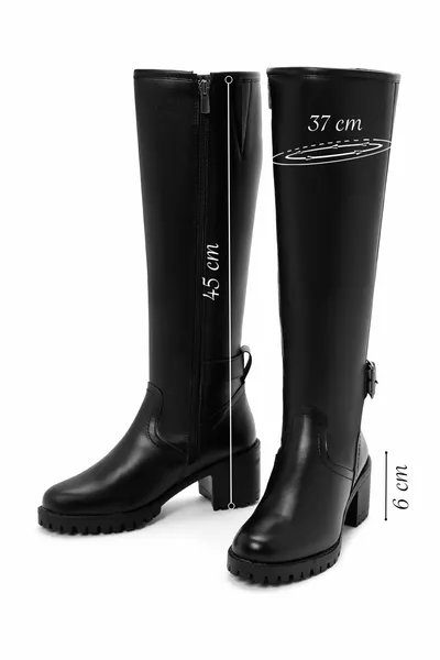 Women's Black Zippered Buckle Detailed Thick Heeled Boots 