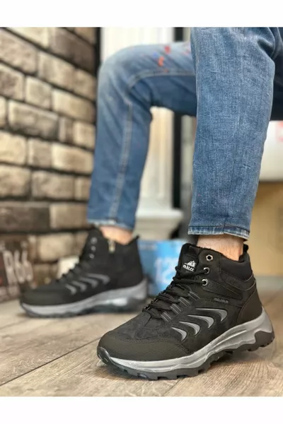  Thick Thermo Sole Black Grey Men's Trekking Outdoor Half Ankle Boots