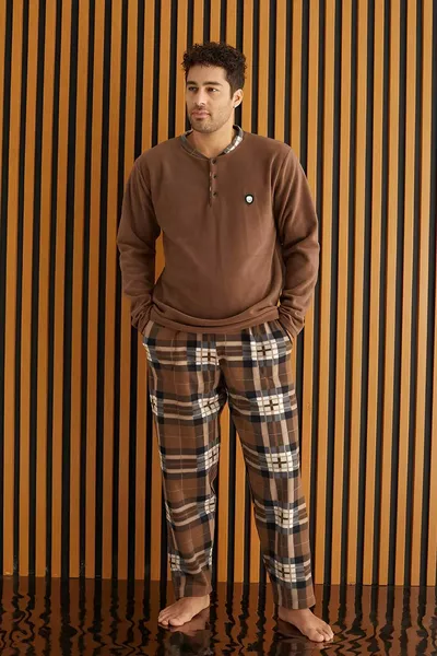 Brown Cream Plaid Patterned Fleece Men's Pajama Set