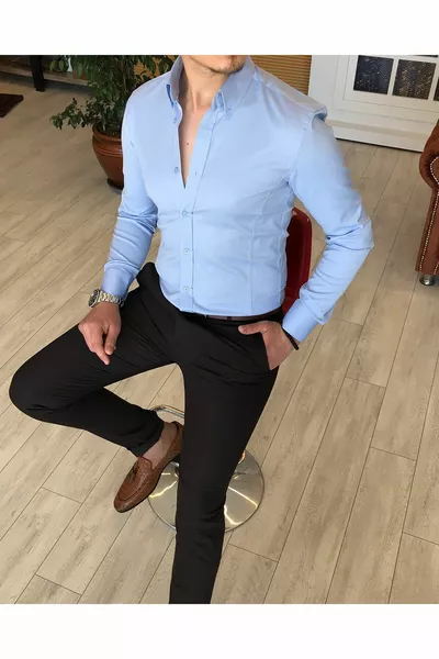 Мъжка мъжка риза в италиански стил Slim Fit Изправена яка Сатенена Синя 