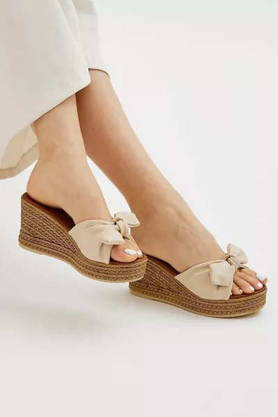 Beige Bow Padding Tacco Pantofole da donna Pantofole con tacco