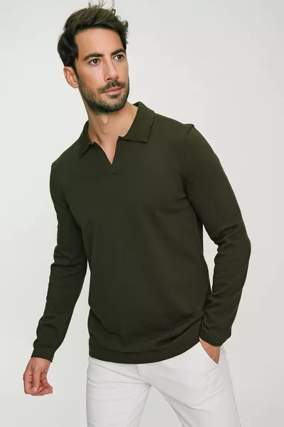 كاكي ريدينجتون بولو رقبة طويلة كم نحيف  للرجال