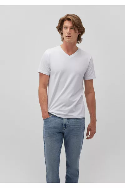Stretch V-Neck White Basic T-Shirt Fitted / Fitted Fit 