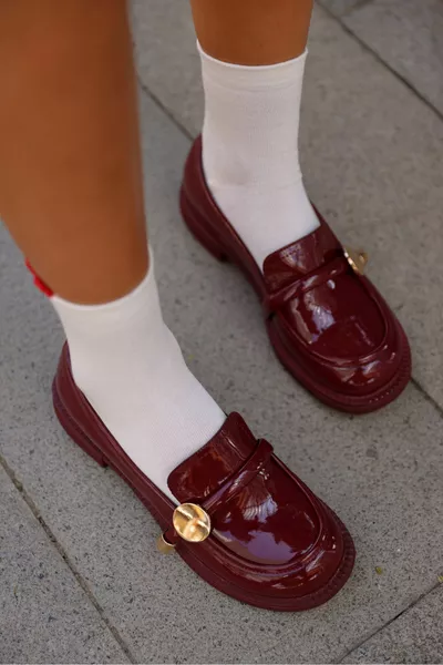 Timy Slim Sole Gold Accessory Stripe Detailed Women's Loafer - BURGUNDY