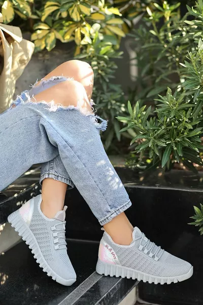 دوجي الدانتيل مفصلة تريكو النساء أحذية رياضية رمادي